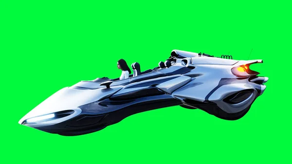 Futuristické sci-fi létající auto s holkou. Izolovat zelenou obrazovku. 3D vykreslování. — Stock fotografie