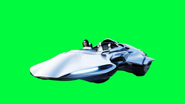 Futuristisches Science-Fiction-Flugauto mit Mädchen. Green Screen isolieren. 3D-Darstellung. — Stockfoto