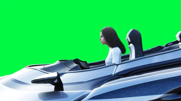 Φουτουριστικό αυτοκίνητο επιστημονικής φαντασίας με κορίτσι. Πράσινη οθόνη απομονώσει. 3d απόδοση. — Φωτογραφία Αρχείου