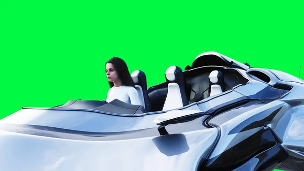 Futuristica sci fi volante con ragazza. Isolamento dello schermo verde. rendering 3d. — Foto Stock
