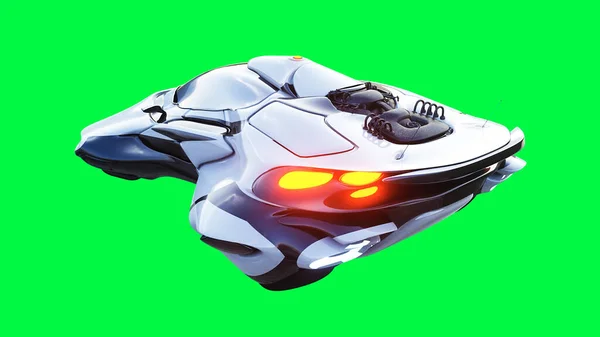 Futuristinen scifi-lentävä auto, laiva. vihreä näyttö eristää. 3d-renderointi. — kuvapankkivalokuva