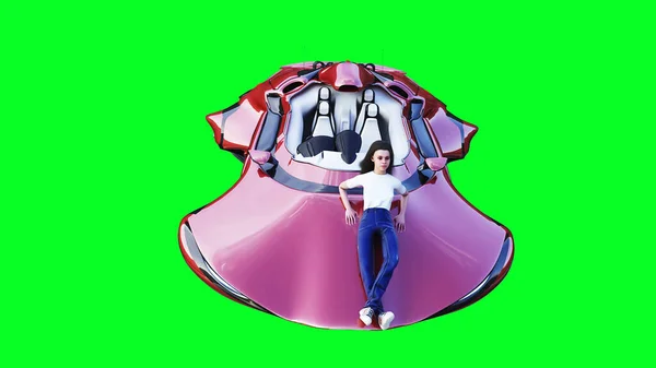 Futuristisches Science-Fiction-Flugauto mit Mädchen. Green Screen isolieren. 3D-Darstellung. — Stockfoto