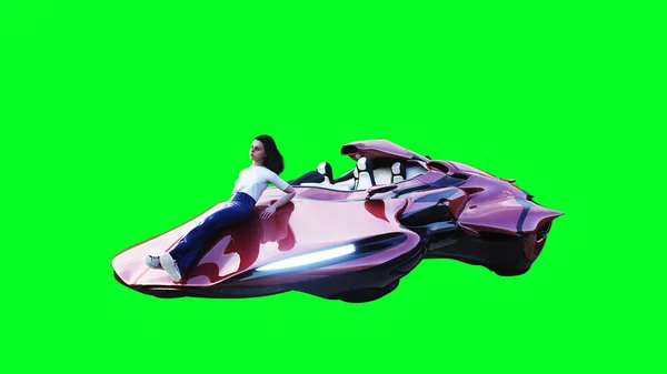 Futuristické sci-fi létající auto s holkou. Izolovat zelenou obrazovku. 3D vykreslování. — Stock fotografie