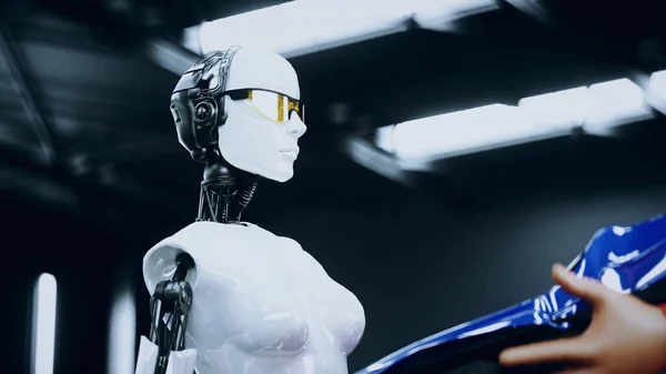 Η κούκλα δοκιμής πρόσκρουσης ρομπότ και το θηλυκό ρομπότ. Μελλοντική ιδέα. 3d απόδοση. — Φωτογραφία Αρχείου