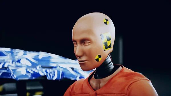 Robot crash test dummy sitting near destroyed car crash test. Future concept. 3d rendering. — Stock Photo, Image