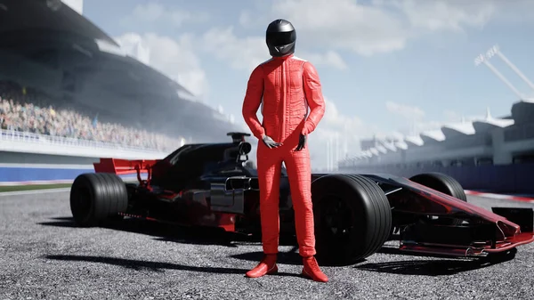 O piloto em pé no estádio. Renderização 3d. — Fotografia de Stock