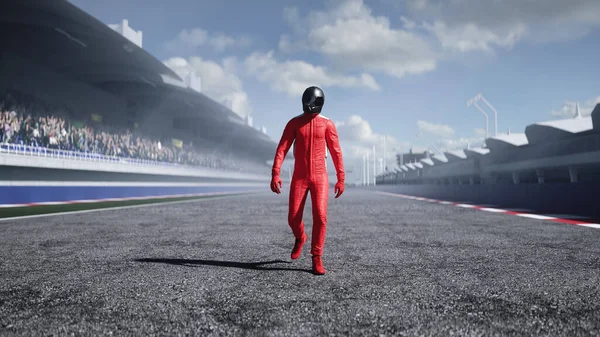 Závodník kráčí po stadionu. 3D vykreslování. — Stock fotografie