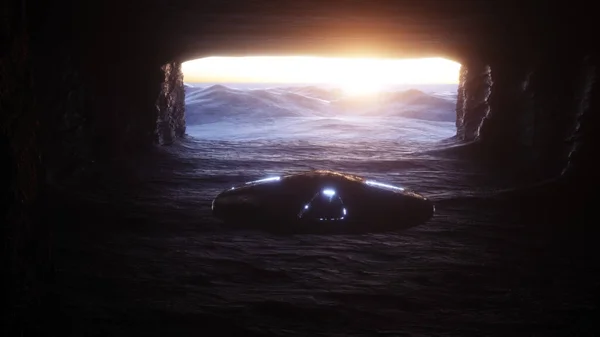 미래 지향적 인 낡은 공상 과학 우주선 이 바위 동굴에서 날고 있습니다. 미래 개념. 3d 렌더링. — 스톡 사진