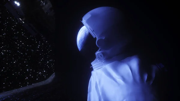 Astronauta solo en la cueva de roca espacial. Vista espacial. renderizado 3d. — Foto de Stock