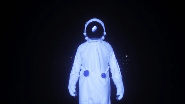 Samotny astronauta w kosmicznej jaskini. Kosmiczny widok. 3d renderowanie. — Zdjęcie stockowe