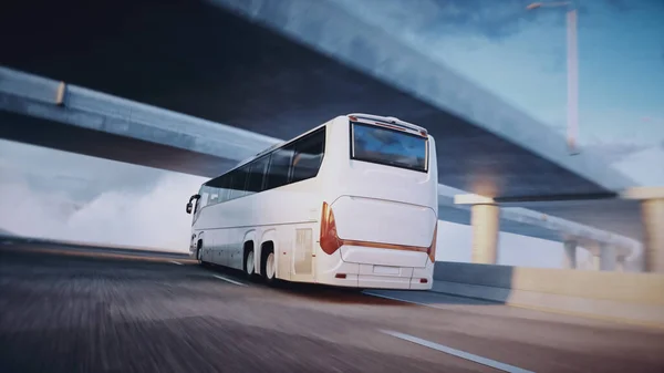 고속 도로에 있는 관광객용 버스. 아주 빠른 운전이죠. 관광 컨셉. 3d 렌더링. — 스톡 사진