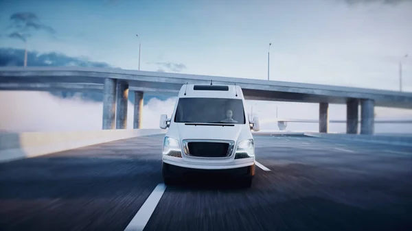 Un furgone bianco in autostrada. Guida molto veloce. Concetto di consegna. rendering 3d. — Foto Stock