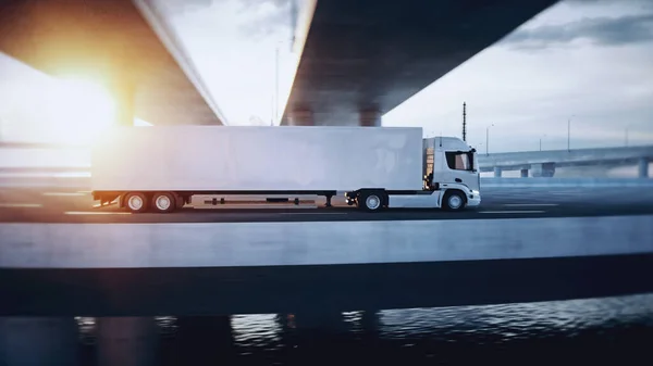 Witte bestelwagen op de snelweg. Heel snel rijden. Leveringsconcept. 3d destructie. — Stockfoto