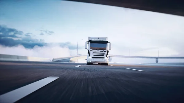 Camion di consegna bianco sull'autostrada. Guida molto veloce. Concetto di consegna. rendering 3d. — Foto Stock