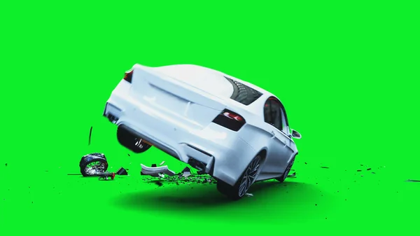 Witte generieke 3d auto crasht tegen een onzichtbare muur. Een auto-ongeluk concept. 3d renderen. — Stockfoto