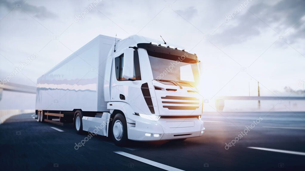 White delivery truck on highway. Very fast driving. Delivery concept. 3d rendering.