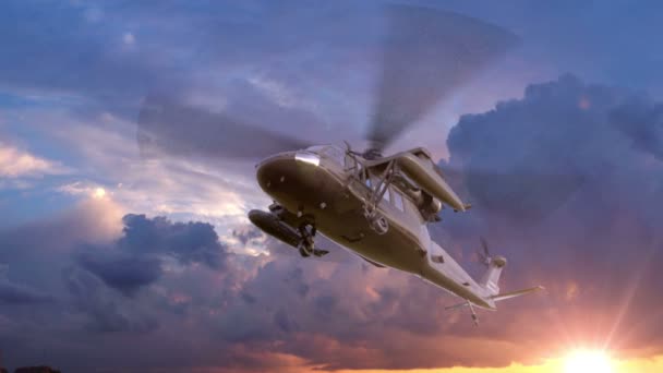 Военный вертолет UH-60 Black Hawk реалистичная 3D анимация. Реалистичные отражения и тени — стоковое видео