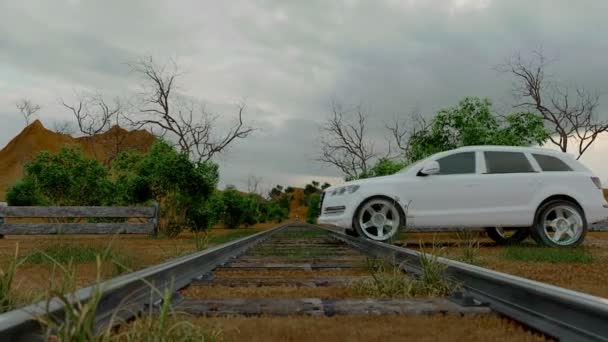 Acidente ferroviário. Comboio e acidente de carro. Animação 3D realista — Vídeo de Stock