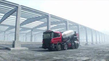 İnşaatta beton karıştırıcı kamyonu. Araba kullanmak. İnşaat ve ulaşım konsepti. Gerçekçi 4K animasyonu.
