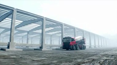 İnşaatta beton karıştırıcı kamyonu. Araba kullanmak. İnşaat ve ulaşım konsepti. Gerçekçi 4K animasyonu.