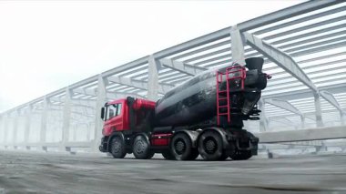 İnşaatta beton karıştırıcı kamyonu. Araba kullanmak. İnşaat ve ulaşım konsepti. Gerçekçi 4K animasyonu.