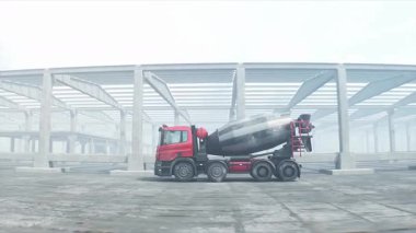 İnşaatta beton karıştırıcı kamyonu. Araba kullanmak. İnşaat ve ulaşım konsepti. Gerçekçi 4K animasyonu.