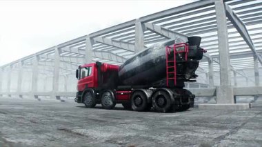 İnşaatta beton karıştırıcı kamyonu. Araba kullanmak. İnşaat ve ulaşım konsepti. Gerçekçi 4K animasyonu.