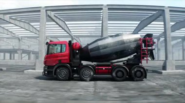 İnşaatta beton karıştırıcı kamyonu. Araba kullanmak. İnşaat ve ulaşım konsepti. Gerçekçi 4K animasyonu.