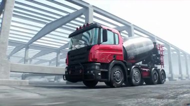 İnşaatta beton karıştırıcı kamyonu. Araba kullanmak. İnşaat ve ulaşım konsepti. Gerçekçi 4K animasyonu.