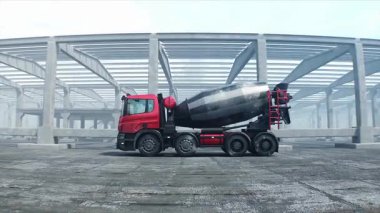 İnşaatta beton karıştırıcı kamyonu. Araba kullanmak. İnşaat ve ulaşım konsepti. Gerçekçi 4K animasyonu.
