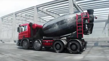 İnşaatta beton karıştırıcı kamyonu. Araba kullanmak. İnşaat ve ulaşım konsepti. Gerçekçi 4K animasyonu.