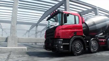 İnşaatta beton karıştırıcı kamyonu. Araba kullanmak. İnşaat ve ulaşım konsepti. Gerçekçi 4K animasyonu.