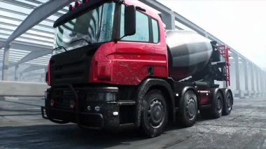 İnşaatta beton karıştırıcı kamyonu. Araba kullanmak. İnşaat ve ulaşım konsepti. Gerçekçi 4K animasyonu.