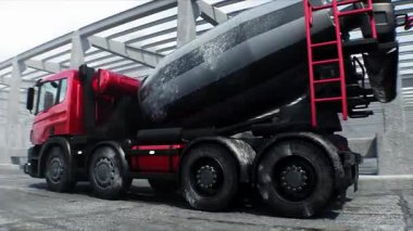 İnşaatta beton karıştırıcı kamyonu. Araba kullanmak. İnşaat ve ulaşım konsepti. Gerçekçi 4K animasyonu.