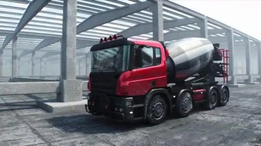 İnşaatta beton karıştırıcı kamyonu. Araba kullanmak. İnşaat ve ulaşım konsepti. Gerçekçi 4K animasyonu.