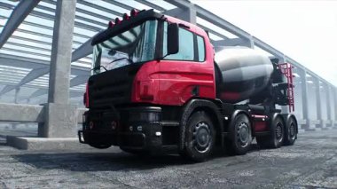 İnşaatta beton karıştırıcı kamyonu. Araba kullanmak. İnşaat ve ulaşım konsepti. Gerçekçi 4K animasyonu.