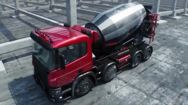 İnşaatta beton karıştırıcı kamyonu. Araba kullanmak. İnşaat ve ulaşım konsepti. Gerçekçi 4K animasyonu.
