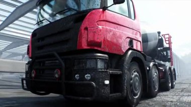 İnşaatta beton karıştırıcı kamyonu. Araba kullanmak. İnşaat ve ulaşım konsepti. Gerçekçi 4K animasyonu.