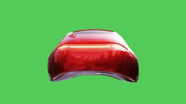 Geleceğin uçan kırmızı arabası. Araba gövdesinde gerçekçi dinamik yansımalar. Yeşil ekran izole edildi. 3d oluşturma