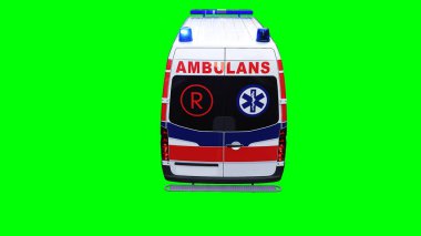 Ambulans yeşil ekran izole edildi. Gerçekçi yanıp sönen ışıklar. 3d oluşturma