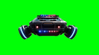 Gelecekçi siber polis uçan araba. Araba gövdesinde gerçekçi dinamik yansımalar. Yeşil ekran izole edildi. 3d oluşturma