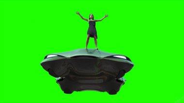 Uçan fütüristik araba ve rüzgarda savrulan saçları olan bir kadın. Araba gövdesinde gerçekçi dinamik yansımalar. Yeşil ekran izole edildi. 3d oluşturma