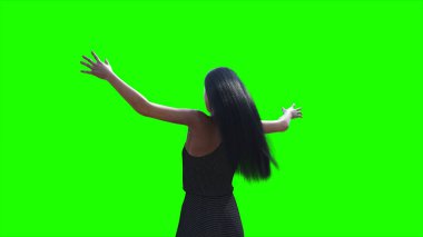 Rüzgarda savrulan saçları olan bir kadın. Gerçekçi dinamik. Yeşil ekran izole edildi. 3d oluşturma