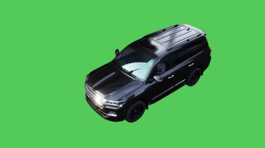 Lüks siyah spor jip, hızlı giden bir araba. Araba gövdesinde gerçekçi dinamik yansımalar. Yeşil ekran izole edildi. 3d oluşturma
