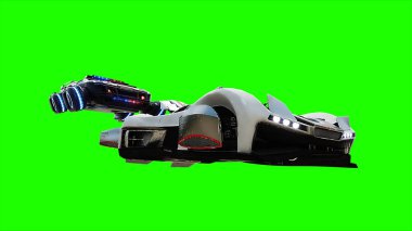 Gelecekçi siber polis uçan araba. Araba gövdesinde gerçekçi dinamik yansımalar. Yeşil ekran izole edildi. 3d oluşturma