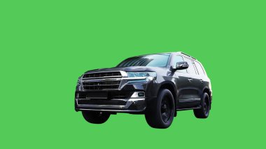 Lüks siyah spor jip, hızlı giden bir araba. Araba gövdesinde gerçekçi dinamik yansımalar. Yeşil ekran izole edildi. 3d oluşturma