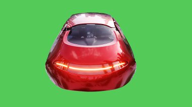 Geleceğin uçan kırmızı arabası. Araba gövdesinde gerçekçi dinamik yansımalar. Yeşil ekran izole edildi. 3d oluşturma