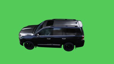 Lüks siyah spor jip, hızlı giden bir araba. Araba gövdesinde gerçekçi dinamik yansımalar. Yeşil ekran izole edildi. 3d oluşturma