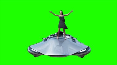 Uçan fütüristik araba ve rüzgarda savrulan saçları olan bir kadın. Araba gövdesinde gerçekçi dinamik yansımalar. Yeşil ekran izole edildi. 3d oluşturma