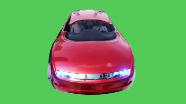 Geleceğin uçan kırmızı arabası. Araba gövdesinde gerçekçi dinamik yansımalar. Yeşil ekran izole edildi. 3d oluşturma